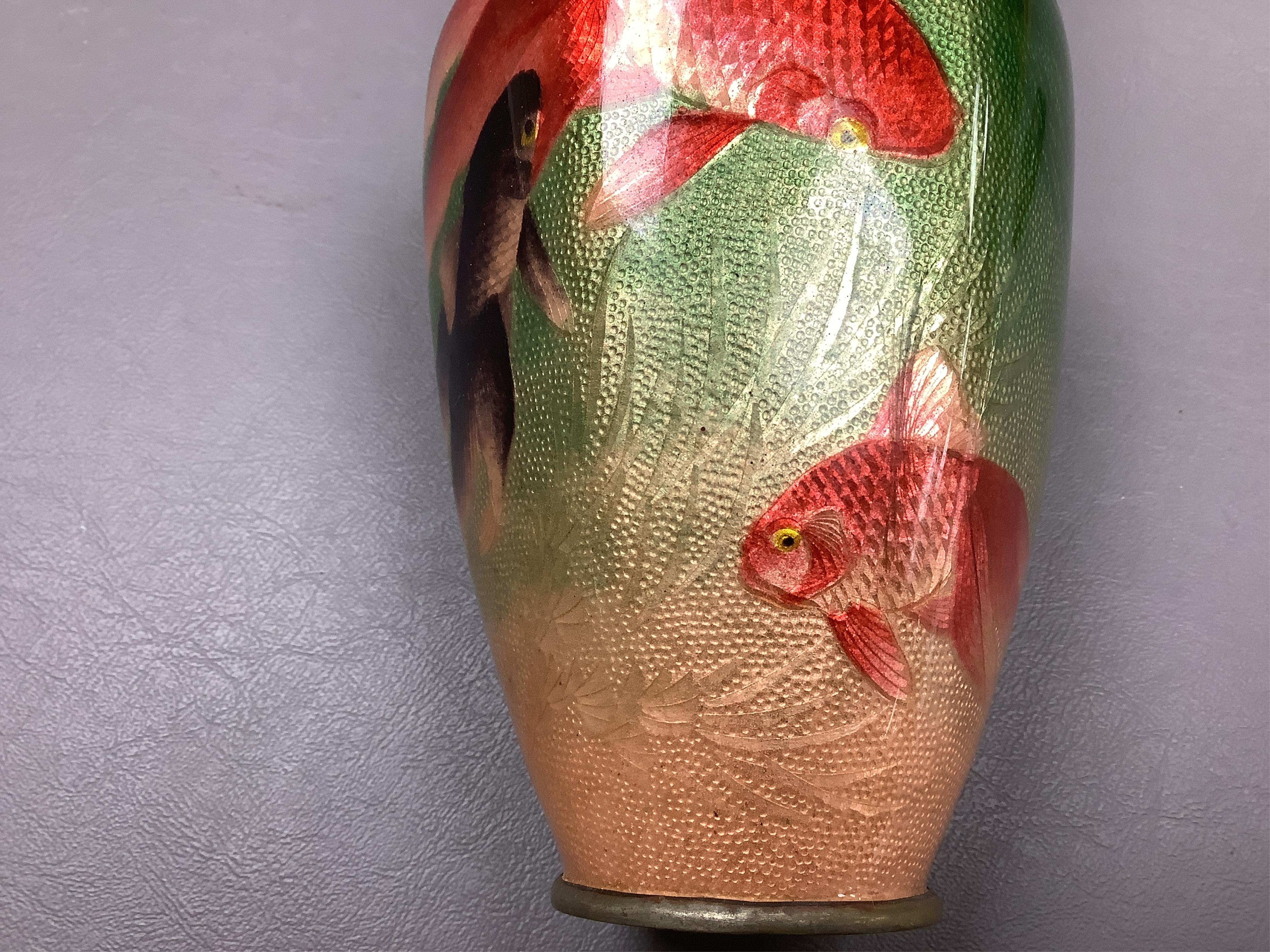 A Japanese ginbari enamel ‘koi carp’ vase, early 20th century, 18cm high